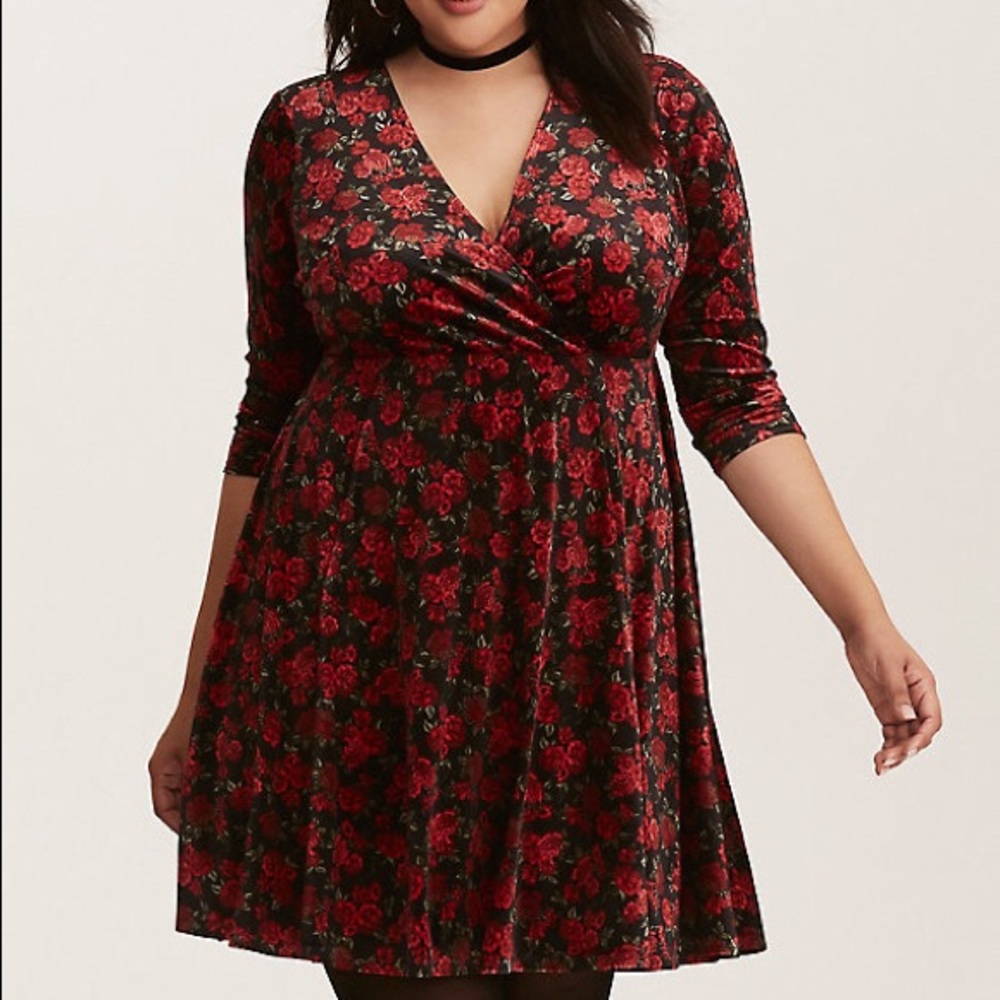 Torrid Black & Red Rose Print Velvet Wrap Dress